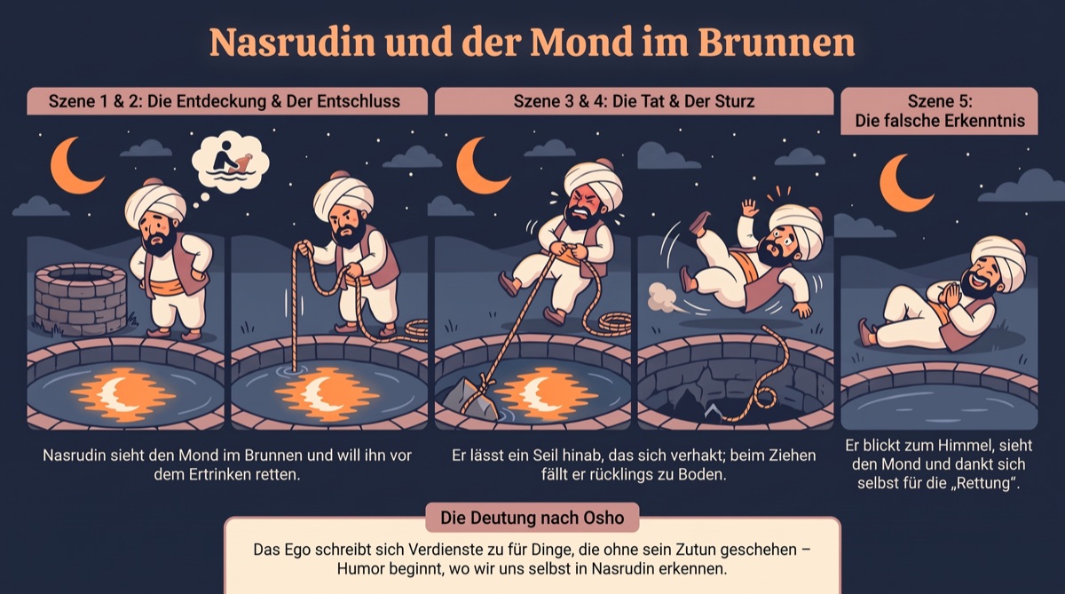Infografik in fünf Szenen: Nasrudin sieht den Mond im Brunnen, will ihn mit einem Seil retten, fällt beim Ziehen auf den Rücken und bedankt sich beim Mond am Himmel für seine Rettung.